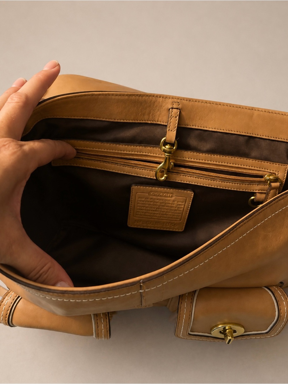 Coach Tan Leather Shoulder Bag with Front Pockets - Picture 3 of 6